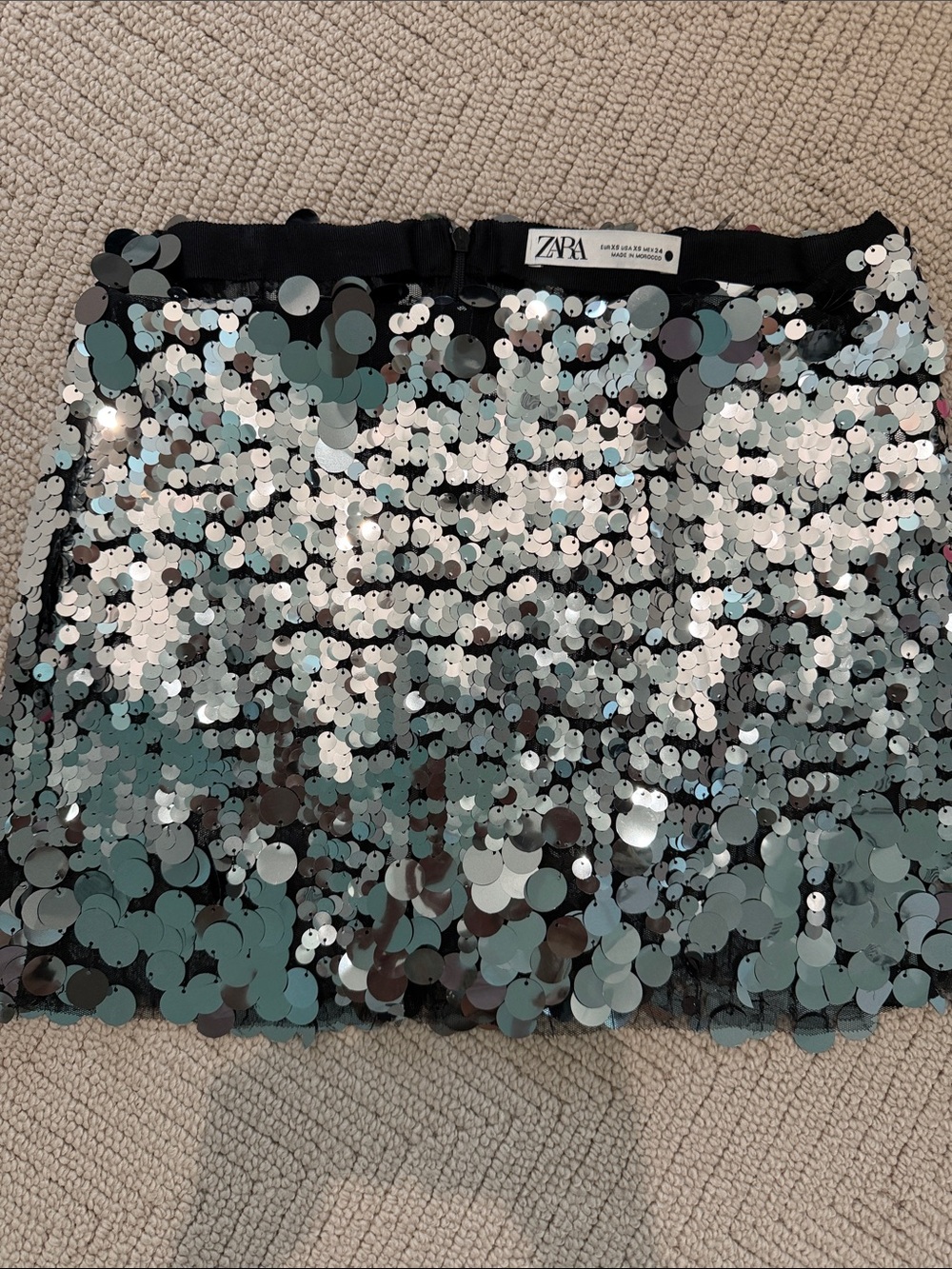 Zara Silver Sequin Mini Skirt with Black Waistband